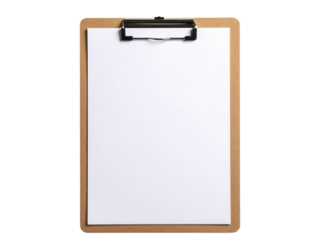 A plain clipboard with a blank white sheet of paper securely held by a metal clip.
