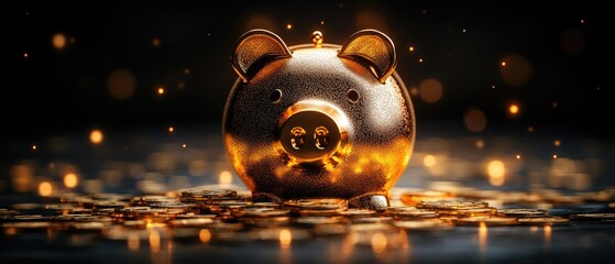 Golden piggy bank surrounded by coins.