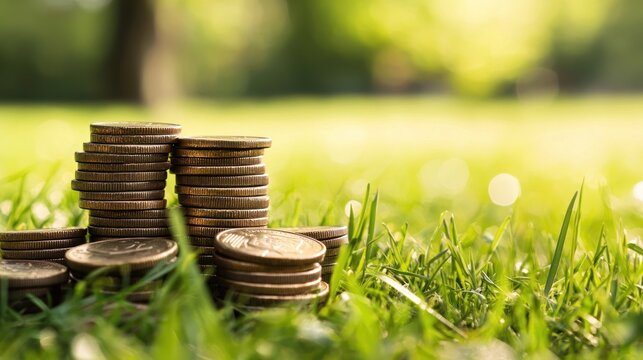 Stack of coins on a grassy lawn with a blurred background