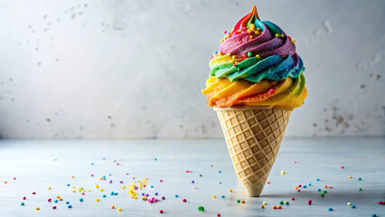 Triple scoop rainbow ice cream in crispy waffle cone with chocolate drizzle and sprinkles, joyful summer treat, joyful dessert perfection for cafes and food advertising