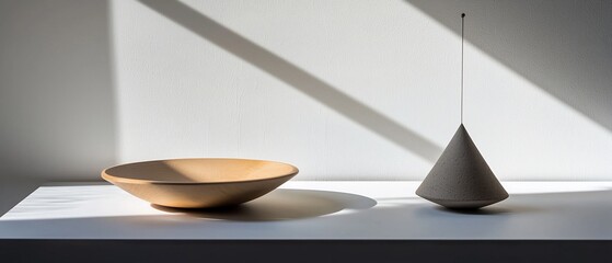 Minimalist Composition: Wooden Bowl and Suspended Cone with Dramatic Shadow Play