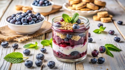 Guilt free blueberry cheesecake ice cream with sugar free compote in glass jar, protein rich dessert, protein packed healthy treat perfect for fitness nutrition and weight loss blogs