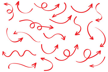Arrows hand drawn doodle icons set. Curved cartoon arrows sketches collection. Flat and thin pointers illustrations. Scribble swirl arrow signs.