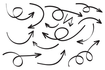 Arrows hand drawn doodle icons set. Curved cartoon arrows sketches collection. Flat and thin pointers illustrations. Scribble swirl arrow signs.