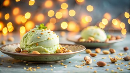 Carbon neutral pistachio ice cream with sustainably sourced nuts in eco ceramic bowl, climate conscious dessert, climate conscious gourmet treat for eco luxury branding