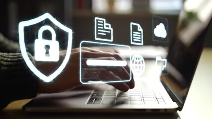 Data Security Close-up of Hands Typing on Laptop with Animated Cybersecurity Icons Overlaid. Secure Online Transaction and Internet Protection Concept. - Powered by Adobe