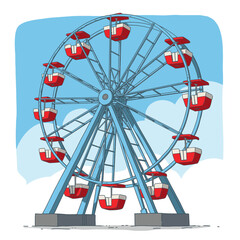 A blue Ferris wheel with red gondolas stands against a sky blue background dotted with white clouds © Indhgraphy Visual