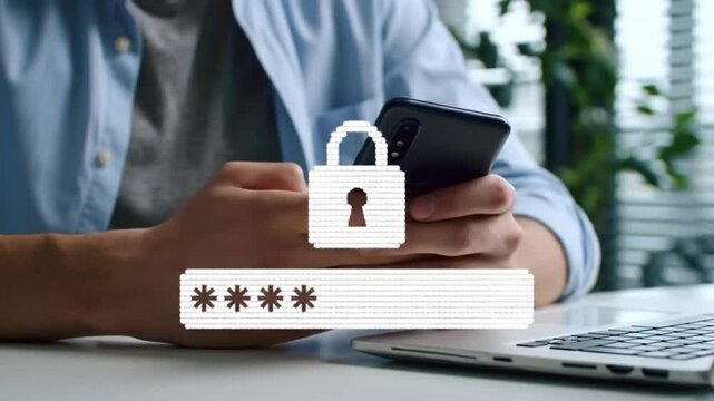 Password Protection Man Typing Secure Code on Smartphone for Online Security Privacy - Mobile Data Safety Concept