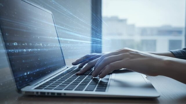 Hands typing on laptop with data overlay