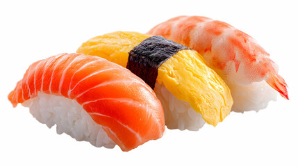 Closeup of assorted nigiri sushi with salmon, sweet egg, and shrimp on white background. Traditional Japanese cuisine with fresh seafood and vinegared rice.