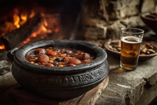 Traditional Fabada Stew in Clay Pot with Rustic Surroundings and Cider