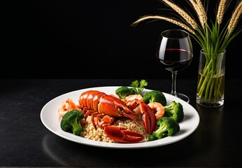 Healthy organic cuisine: Lobster and broccoli on white plate with wine bottle and wheatgrass, soft lighting on black background
