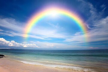 a rainbow appears to be over the ocean