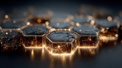 Honeycomb's Neon Glow: A high-angle, close-up perspective captures the intricate beauty of a honeycomb-like structure, each hexagonal cell gleaming with neon light.