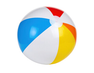 A colorful inflatable beach ball with red, blue, yellow, orange, and white segments.