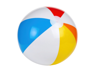 A colorful inflatable beach ball with red, blue, yellow, orange, and white segments.