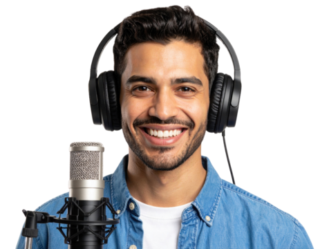 A smiling man wearing headphones and a denim shirt is speaking into a professional condenser microphone.