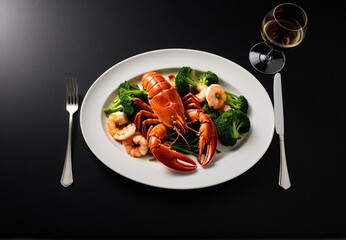 Ingredient close-up: White plate lobster and broccoli with translucent wine bottle, wheatgrass accents