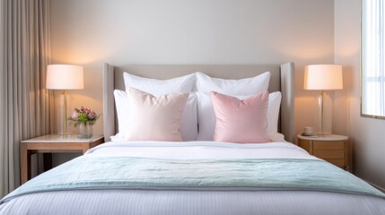 Obraz premium A beautifully arranged modern bedroom with soft lighting, pastel pillows, and elegant decor for a serene atmosphere.