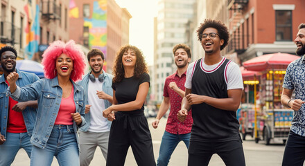 Happy friends dancing in the city with hip hop music. Smiles, fun and group of people with energy for movement to sing together for rehearsal outdoors in the city.