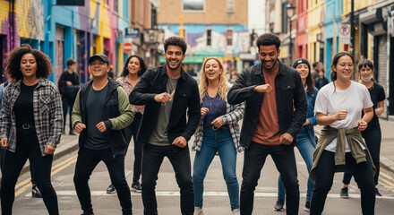 Happy friends dancing in the city with hip hop music. Smiles, fun and group of people with energy for movement to sing together for rehearsal outdoors in the city.
