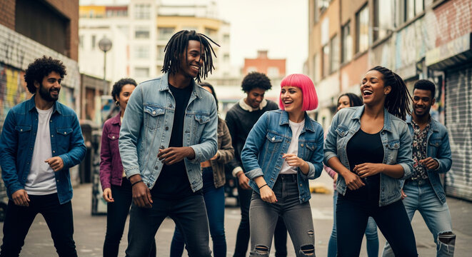 Happy friends dancing in the city with hip hop music. Smiles, fun and group of people with energy for movement to sing together for rehearsal outdoors in the city.