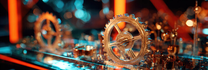 Futuristic Gear in Industrial Setting: High-Tech Machinery Illuminated by Orange and Neon Blue Lights. Innovative Design for Posters, Banners, and Book Covers. Perfect for Financial Technology, Annual