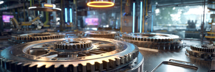 Futuristic Gear in Industrial Setting: High-Tech Machinery Illuminated by Orange and Neon Blue Lights. Innovative Design for Posters, Banners, and Book Covers. Perfect for Financial Technology, Annual