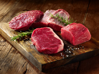 Raw beef cuts on butcher board