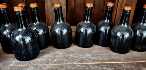 Group of empty dark brown wine bottles, dusty, on rustic wooden surface,   photography,   light