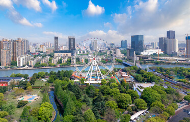 Fototapeta premium Urban environment of Binhe Park, Huzhou City, Zhejiang Province, China