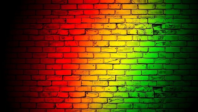 A colorful brick wall with red yellow and green gradient fading into darkness on the sides