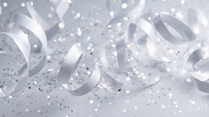 A festive arrangement of shimmering white ribbons and sparkling glitter, perfect for celebrations and joyous occasions.