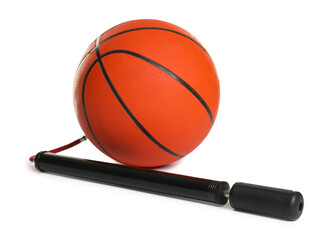 Basketball ball and manual air pump isolated on white