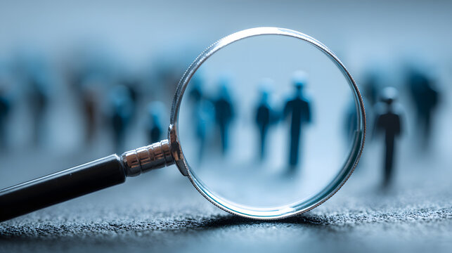 Magnifying glass looking for people on blue background. Searching candidates for employment in the labor market