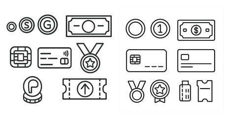 Collection of various symbols and icons, including coins, a dollar bill, a credit card, and a ticket. Scene is one of financial transactions and travel