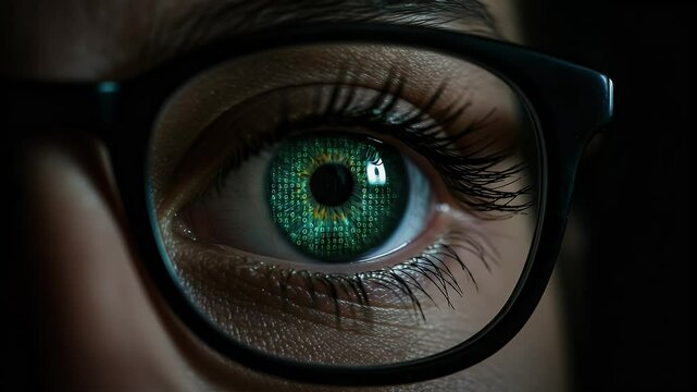 Close up eye looking coding prompt with green iris and wearing glasses