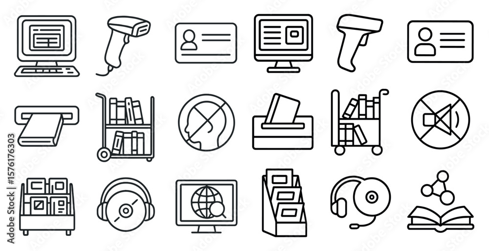 Fototapete Collection of icons for various items such as books, computers, and electronics. The icons are all in black and white and are arranged in a grid