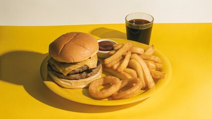 A delicious double cheeseburger meal served with crispy fries, onion rings, and a soft drink.