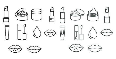 Collection of cosmetics, including lipsticks, lip glosses, and lip balms. The collection is organized in a grid-like pattern, with each item placed next to its corresponding item