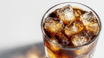 A refreshing drink filled with ice cubes and cola, perfect for quenching thirst on a hot day.