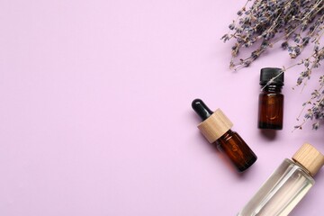 Obraz premium Natural essential oil and lavender flowers on lilac background, flat lay. Space for text