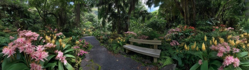Vibrant floral pathway in lush tropical garden 360 degrees hdr panorama nature environment