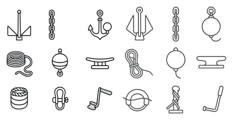 The image displays a variety of different types of anchors and ropes. These include a chain anchor, a rope anchor, a buoyancy aid, a life preserver, a life jacket, a rope, a rope handle, a rope loop