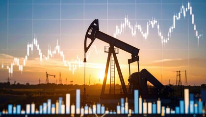 Oil pumpjack silhouetted against a sunset with overlaid financial charts representing energy market trends.