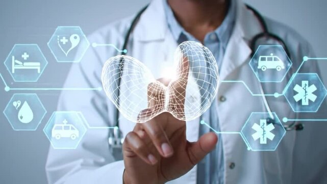 Doctor Interacting with 3D Thyroid Hologram and Medical Icons for Healthcare and Technology Concepts