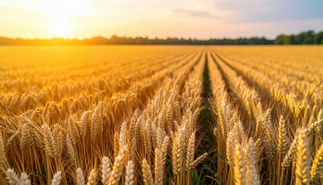 Golden wheat field at sunset with clear rows stretching towards the horizon under a soft pastel sky.