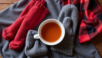 Cozy winter scene with red socks, grey mittens, and tea cup  