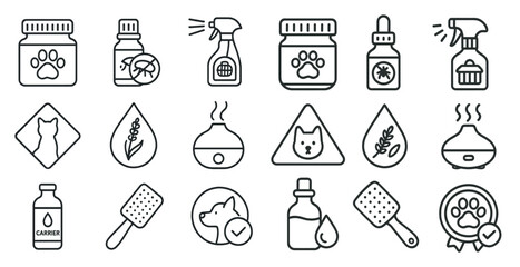 Set of pet care items including a bottle of dog shampoo, a bottle of cat shampoo, a bottle of dog conditioner, a bottle of cat conditioner, a bottle of dog deodorant, a bottle of cat deodorant, a