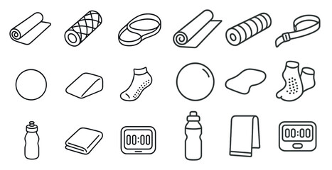 Collection of fitness items including a yoga mat, towel, and water bottle. Concept of health and wellness